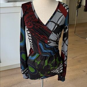 La Fee Maraboutee Sleeve V-Neck Mixed Print Long Sleeve Faux Wrap Women's Top